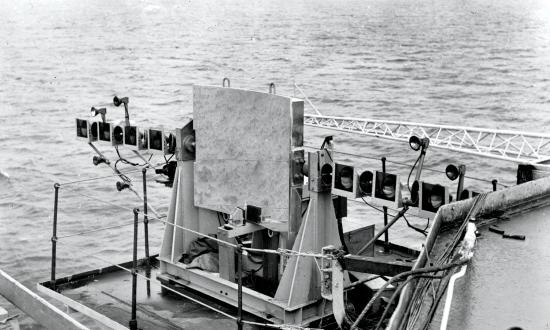 Optical mirror landing system on the the port side of the flight deck of HMS Illustrious in 1953